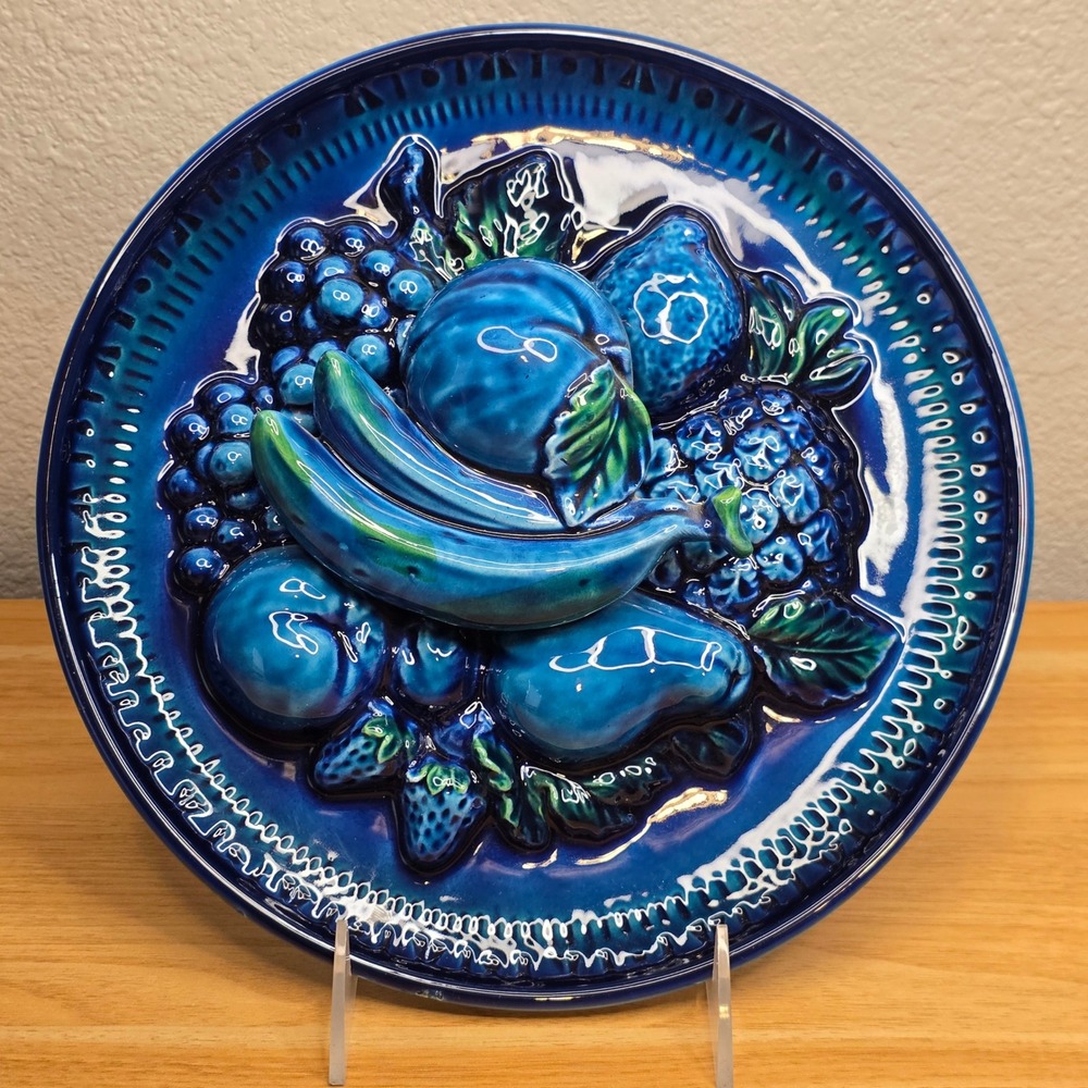 Vintage Inarco Mood Indigo Wall Hanging Plate Ceramic 3d Embossed Fruit Design